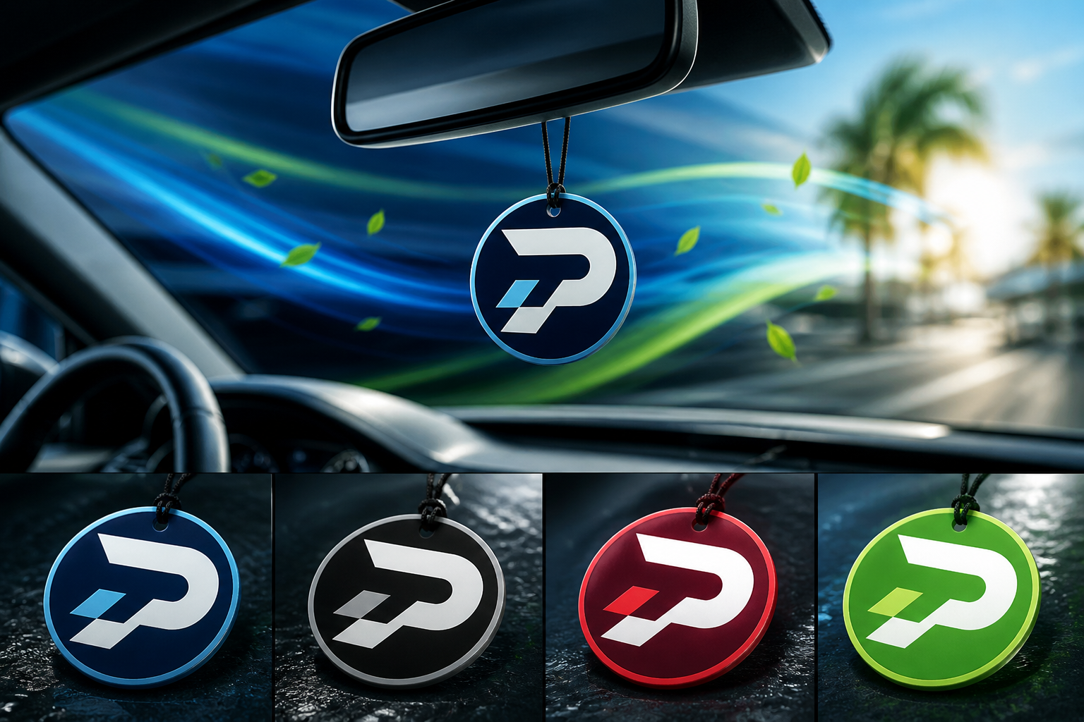 Custom Prime Drive Supply air freshener hanging in a luxury car